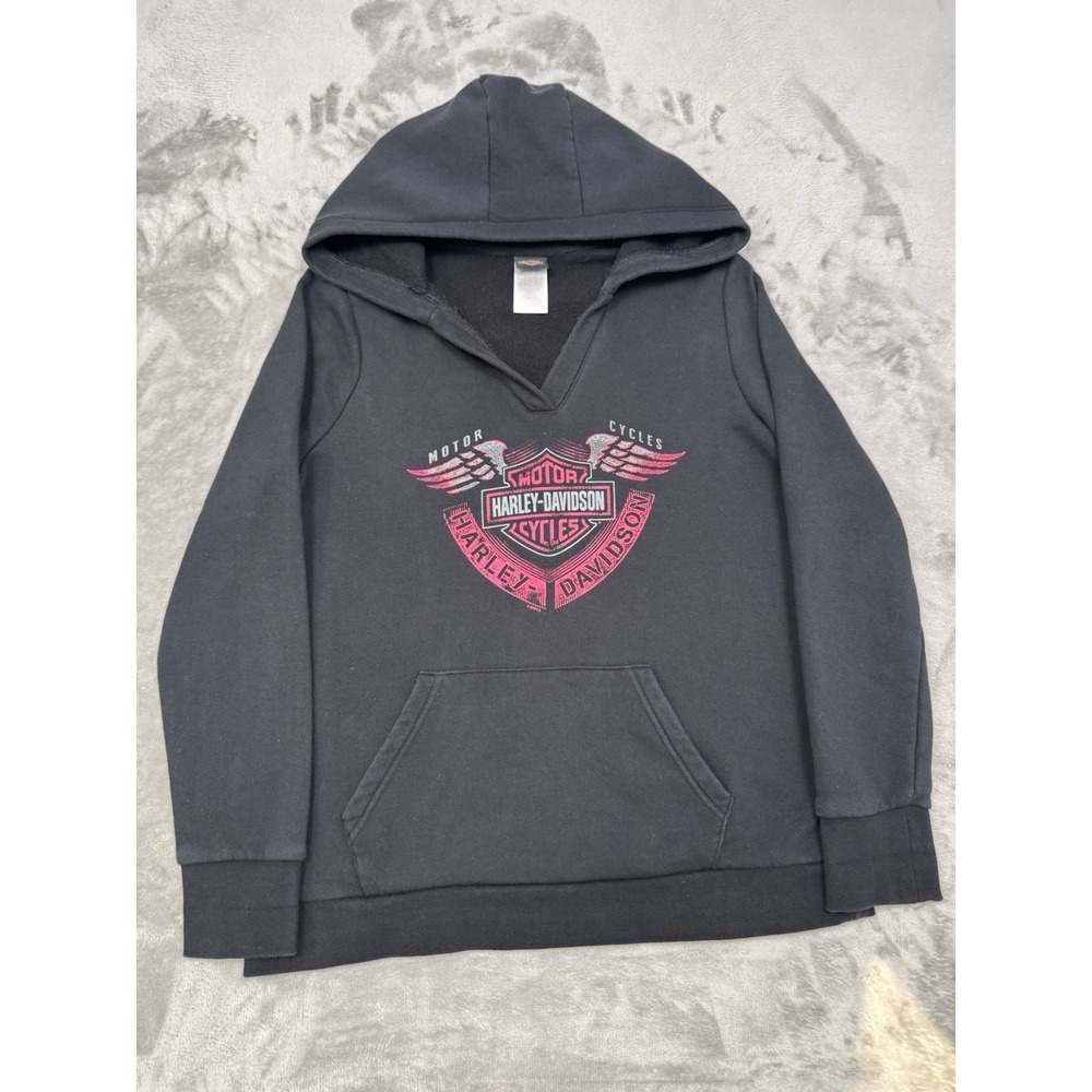 Harley Davidson Hoodie Sweatshirt Womens Large Black Pink Logo Wings Moto Biker